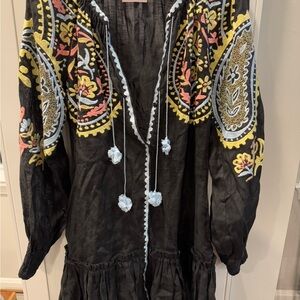 March 11 Black Linen Embroidered Sara Dress Coverup $495 Size XS